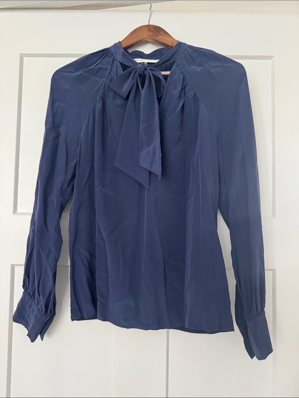 Trina Turk Silky Navy Tie-Neck Blouse - Women's Top